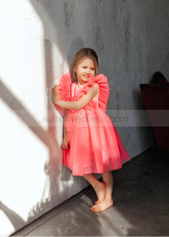 Flutter Sleeves Pink Satin Tulle Flower Girl Dress